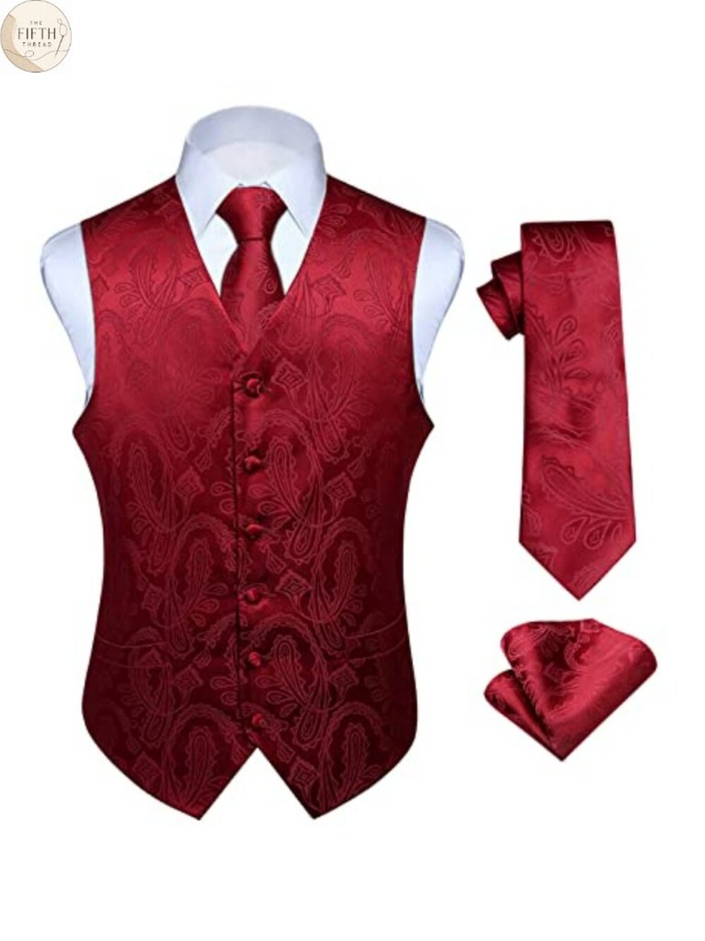 Mens 3PC Paisley Floral Jacquard Vest Tie Pocket Square Set Formal Waistcoat